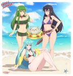  3_girls absurd_res alluring aqua_hair ayra_(fire_emblem) beach bikini bird black_hair blush breasts cleavage eirika_(fire_emblem) feh_(fire_emblem_heroes) fire_emblem fire_emblem:_genealogy_of_the_holy_war fire_emblem:_mystery_of_the_emblem fire_emblem:_the_sacred_stones fire_emblem_heroes full_body green_eyes green_hair headband high_res long_hair looking_at_viewer medium_breasts multiple_girls navel nintendo owl palla_(fire_emblem) sarukaiwolf sitting smile standing swimsuit sword weapon 