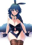  1girl 1girl 46yonaka alluring animal_ears big_breasts blue_eyes breasts byleth_(female) byleth_(female)_(fire_emblem) byleth_(fire_emblem) byleth_(fire_emblem)_(female) cape cleavage clothing_cutout fake_animal_ears fire_emblem fire_emblem:_three_houses gloves heart_cutout leotard looking_at_viewer lowres medium_hair navel navel_cutout nintendo playboy_bunny rabbit_ears serious sitting stockings teal_hair thighs yoru_(yoruyonaka 