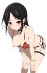  1girl 1girl absurd_res bare_shoulders bent_over bikini black_hair blush breasts breasts_out closed_mouth collarbone coro_fae hair_down high_res kaguya-sama_wa_kokurasetai_~tensai-tachi_no_renai_zunousen~ looking_at_viewer medium_breasts nipple_slip nipples one_breast_out parted_bangs red_eyes scrunchie shinomiya_kaguya side-tie_bikini_bottom swimsuit thigh_strap thighs wrist_scrunchie 