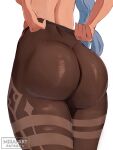  1girl adjusting_clothes arms_behind_back ass ass_focus back big_breasts blue_hair breasts brown_pantyhose english_commentary ganyu_(genshin_impact) genshin_impact high-waist_pantyhose long_hair lower_body mirai_hikari pantyhose thighs topless 