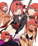  1girl :d bat_hair_ornament big_breasts bikini black_bikini black_choker breasts cardigan choker commentary_request gabriel_dropout gabu_(az210309) glasses hair_ornament high_res long_hair looking_at_viewer lying multiple_views on_stomach one-piece_tan open_mouth purple_eyes red_hair red_skirt satanichia_kurumizawa_mcdowell short_hair simple_background skirt smile swimsuit tan tan_line white_background 