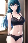 1girl 1girl alluring alternate_costume big_breasts breasts byleth_(female) byleth_(fire_emblem) byleth_(fire_emblem)_(female) cleavage dumi fire_emblem fire_emblem:_three_houses looking_at_viewer nintendo teal_eyes teal_hair underwear