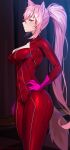 1girl 1girl animal_ears big_breasts bodysuit breasts cosplay covered_navel from_side gloves hakui_koyori hand_on_own_hip high_ponytail high_res hololive long_hair persona persona_5 pink_gloves pink_hair red_bodysuit tail takamaki_anne takamaki_anne_(cosplay) tungsten_(kwfr4544) very_long_hair virtual_youtuber wolf_ears wolf_girl wolf_tail yellow_eyes