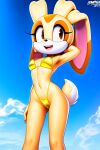 1girl ai_generated anthro anthro_only beach bikini bikini_bottom bikini_top blue_sky bunny_girl cameltoe cream_the_rabbit female_only fur furry golden_bikini hand_behind_head lagomorph leporid mammal micro_bikini novelai outside partially_clothed rabbit rabbit_ears scut_tail sega shiny_clothes small_breasts sonic_the_hedgehog_(series) string_bikini tail