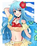  1girl 1girl :d alluring aqua_eyes aqua_hair arm_behind_head asukaaasuu bare_shoulders bikini blue_sky cloud eirika_(fire_emblem) fire_emblem fire_emblem:_the_sacred_stones fire_emblem_heroes flower hair_flower hair_ornament high_res holding holding_innertube innertube jewelry layered_bikini looking_at_viewer navel necklace nintendo official_alternate_costume open_mouth red_bikini sky smile swimsuit teeth twitter_username two-tone_bikini upper_teeth_only yellow_bikini 