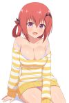 1girl bare_shoulders bat_hair_ornament big_breasts blush bra bra_strap breasts cleavage collarbone fang female_only gabriel_dropout hair_between_eyes hair_ornament high_res long_sleeves looking_at_viewer nyaroon off-shoulder_shirt off_shoulder open_mouth panties pink_eyes purple_panties red_hair satanichia_kurumizawa_mcdowell shirt simple_background sitting smile solo_female strap_slip striped striped_shirt thighs underwear white_background