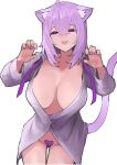 1girl :3 ahoge animal_ear_fluff animal_ears big_breasts bottomless breasts cat_ears cat_girl cat_tail claw_pose collared_shirt dismassd hair_between_eyes high_res hololive long_hair looking_at_viewer naked_shirt nekomata_okayu nekomata_okayu_(4th_costume) open_mouth paw_pose purple_eyes purple_hair purple_ribbon ribbon shirt smile standing tail virtual_youtuber white_shirt