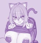 1girl 1girl ahoge animal_ear_fluff animal_ears big_breasts breasts cat_ears cat_pasties cat_tail clothes_lift cropped_hoodie ekz_(robotekz) fang hair_between_eyes hololive hood hoodie hoodie_lift large_areolae nekomata_okayu nekomata_okayu_(1st_costume) pasties paw_pose tail upper_body virtual_youtuber