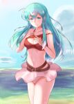  1girl 1girl alluring aqua_eyes aqua_hair beach belt blue_sky breasts brown_belt cleavage cleavage_cutout closed_mouth clothing_cutout cloud day eirika_(fire_emblem) embarrassed fire_emblem fire_emblem:_the_sacred_stones high_res hirotaka_(hrtk990203) long_hair medium_breasts midriff navel nintendo skirt sky standing swimsuit thighs water white_skirt 