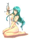  1girl 1girl alluring between_legs blue_eyes blue_hair bra breasts cleavage eirika_(fire_emblem) fire_emblem fire_emblem:_the_sacred_stones high_res long_hair nintendo off_shoulder panties pocari66 rapier simple_background sitting smile sword underwear underwear_only wariza weapon white_background white_bra white_panties 