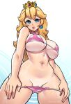 1girl artist_name big_breasts bikini bikini_bottom_pull bikini_tan blonde_hair blue_earrings blue_eyes breasts cleavage clothed clothes_pull clothing crown dracksart ear_piercing earrings genitals hairless_pussy long_hair looking_at_viewer mario_(series) naughty_face navel nintendo piercing pink_bikini pink_clothing pink_swimsuit polka_dot polka_dot_bikini polka_dot_swimsuit portrait presenting presenting_pussy princess_peach pulled_by_self pursed_lips pussy pussy_peek royalty sexy sexy_body sexy_breasts shiny shiny_skin standing super_mario_bros. swimsuit swimwear tan tan_line tanned tanned_female thick_thighs thighs three-quarter_portrait