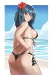 1girl alluring ass bare_shoulders beach big_breasts bikini black_bikini blue_eyes breasts butt_crack byleth_(female) byleth_(female)_(fire_emblem) byleth_(female)_(summer)_(fire_emblem) byleth_(fire_emblem) byleth_(fire_emblem)_(female) capelet fire_emblem fire_emblem:_three_houses fire_emblem_heroes flower hair_flower hair_ornament halterneck high_res looking_at_viewer looking_back medium_hair nintendo ocean sandals sideboob swimsuit tassel teal_hair wet zet_(twt_zet)