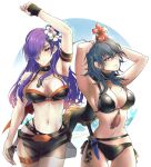  2_girls 3: absurd_res alluring arm_up armband bare_arms bare_shoulders belt bikini black_belt black_bikini black_choker blue_eyes byleth_(female) byleth_(fire_emblem) byleth_(fire_emblem)_(female) choker commentary_request cowboy_shot dagger fire_emblem fire_emblem:_three_houses fire_emblem_heroes fire_emblem_warriors:_three_hopes flower gluteal_fold hair_flower hair_ornament hibiscus high_res knife long_hair looking_at_viewer multiple_girls navel nintendo official_alternate_costume purple_eyes purple_hair red_flower shez_(fire_emblem) standing stomach swimsuit teal_hair thighs umi_(_oneinchswing) very_long_hair weapon white_flower 