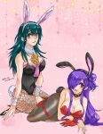 2_girls alluring animal_ears big_breasts bryminoru byleth_(fire_emblem) byleth_(fire_emblem)_(female) cleavage collar fake_animal_ears fire_emblem fire_emblem:_three_houses fire_emblem_warriors:_three_hopes gloves hair_bun hair_ornament hair_over_one_eye leg_strap leotard long_hair looking_at_viewer lying medium_hair multiple_girls nintendo open_mouth pantyhose playboy_bunny purple_eyes purple_hair rabbit_ears rabbit_hair_ornament rabbit_tail shez_(fire_emblem) shez_(fire_emblem)_(female) single_glove single_hair_bun sitting smile teal_eyes teal_hair