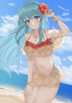  1girl 1girl alluring beach bikini blue_eyes blue_hair blue_sky bracelet breasts cleavage cloud cloudy_sky commission eirika_(fire_emblem) fire_emblem fire_emblem:_the_sacred_stones fire_emblem_heroes flower hair_flower hair_ornament high_res jewelry layered_bikini looking_at_viewer mia_cbx multicolored_bikini multicolored_clothes navel necklace nintendo off-shoulder_bikini off_shoulder official_alternate_costume red_bikini skeb_commission sky smile swimsuit two-tone_bikini yellow_bikini 