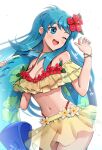  1girl 1girl alluring aqua_eyes aqua_hair bikini bikini_skirt breasts cleavage eirika_(fire_emblem) fire_emblem fire_emblem:_the_sacred_stones fire_emblem_heroes frilled_bikini frills gonzarez high_res layered_bikini long_hair medium_breasts navel nintendo official_alternate_costume one_eye_closed open_mouth red_bikini simple_background swimsuit two-tone_bikini white_background yellow_bikini 