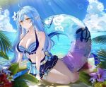  1girl 1girl ahoge alternate_costume arm_support aya02ka ball bare_legs barefoot beach beachball belt big_breasts bikini bikini_skirt blue_bikini blue_bow blue_hair blue_nails blue_sky blurry blurry_foreground blush bow breasts chain cleavage cloud cloudy_sky commentary day expressionless flower full_body hair_between_eyes hair_flower hair_intakes hair_ornament halterneck heart heart_ahoge high_res hololive hololive_summer_2023_swimsuit innertube lens_flare light_blue_hair light_rays long_hair looking_at_viewer multicolored_hair nail_polish ocean outside parted_lips pointy_ears sitting sky streaked_hair striped striped_bikini sunlight sweat swimsuit thigh_strap virtual_youtuber white_belt wristband yellow_eyes yokozuwari yukihana_lamy 