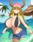  1girl artist_name bare_shoulders barleyshake baseball_cap beach bikini bikini_under_clothes blonde_hair breasts choker cleavage closed_eyes closed_mouth collarbone covered_nipples cowboy_shot day denim denim_shorts dragon_girl dragon_horns gradient_hair green_hair hair_between_eyes hat high_res horns horns_through_headwear huge_breasts innertube kobayashi-san_chi_no_maidragon leaning_forward light_blush long_hair lucoa_(maidragon) miss_kobayashi&#039;s_dragon_maid multicolored_hair navel outside patreon_username pink_headwear quetzalcoatl_(dragon_maid) short_shorts shorts sling_bikini_top smile swimsuit twitter_logo twitter_username web_address wide_hips 