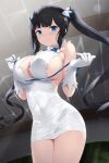  1girl bare_shoulders big_breasts black_hair blue_eyes blue_ribbon blush breasts cait cait_aron cleavage cleavage_cutout clothing_cutout dress dungeon_ni_deai_wo_motomeru_no_wa_machigatteiru_darou_ka elbow_gloves female_only gloves hair_ribbon hestia_(danmachi) high_res long_hair looking_at_viewer rei_no_himo ribbon short_dress sideboob smile solo_female thighs twin_tails white_dress white_gloves 