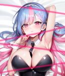  1girl 1girl absurd_res arm_behind_head arm_up armpits bare_shoulders bed_sheet between_breasts big_breasts bing_hayu black_leotard blue_hair blurry blurry_foreground breasts cleavage closed_mouth collarbone dakimakura_(medium) detached_collar earrings frown hair_spread_out hairband hand_up high_res jewelry leotard lethe_(lethe187) long_hair looking_at_viewer luvdia lying mole mole_on_armpit mole_on_breast mole_under_eye multicolored_hair neck_tie necktie_between_breasts nontraditional_playboy_bunny on_back pink_eyes pink_hair second-party_source short_necktie skindentation strapless strapless_leotard string two-tone_hair upper_body virtual_youtuber wrist_cuffs 