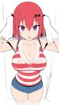  1girl bat_hair_ornament big_breasts bra_visible_through_clothes breasts cleavage curvy denim denim_shorts drying drying_hair gabriel_dropout greatmosu hair_ornament high_res looking_at_viewer open_mouth purple_eyes red_hair satanichia_kurumizawa_mcdowell shirt short_shorts shorts simple_background stockings striped striped_shirt thick_thighs thigh_gap thighs wet wet_clothes wet_hair white_thighhighs 