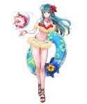 1girl 1girl alluring aqua_eyes aqua_hair bare_shoulders bikini bikini_skirt breasts brown_footwear clownfish eirika_(fire_emblem) feet female_focus fire_emblem fire_emblem:_the_sacred_stones fire_emblem_heroes fish flower full_body hair_flower hair_ornament high_res innertube layered_bikini long_hair matching_hair/eyes midriff navel nintendo non-web_source off-shoulder_bikini off_shoulder official_art red_bikini sandals stomach swimsuit thighs toeless_footwear toes transparent_background two-tone_bikini wada_sachiko yellow_bikini