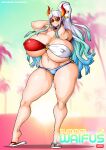 beach gigantic_ass gigantic_breasts horns hourglass_figure one_piece ponytail sunglasses witchking00 yamato_(one_piece)