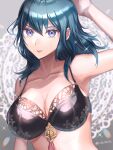 1girl alluring arm_up big_breasts black_bra bra breasts byleth_(female) byleth_(female)_(fire_emblem) byleth_(fire_emblem) byleth_(fire_emblem)_(female) cleavage collarbone commentary english_commentary fire_emblem fire_emblem:_three_houses hair_between_eyes high_res long_hair looking_at_viewer nintendo purple_eyes teal_eyes teal_hair twitter_username underwear youhei_choregi