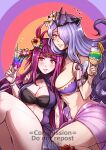  2_girls alluring alternate_costume athletic_female bandeau bare_shoulders big_breasts bikini blush breasts camilla_(fire_emblem) color_connection commentary commission crown cup drinking_glass drinking_straw female_abs female_focus fire_emblem fire_emblem_engage fire_emblem_fates fire_emblem_heroes fit_female flower grin gzei gzeidraws hair_flower hair_ornament hair_over_one_eye high_res holding holding_cup ivy_(fire_emblem) long_hair looking_at_viewer matching_hair/eyes mole mole_under_mouth multiple_girls nail_polish nintendo official_alternate_costume parted_lips pink_lips purple_bikini purple_eyes purple_hair purple_nails sarong smile stomach swimsuit thighs trait_connection tropical_drink very_long_hair watermark 