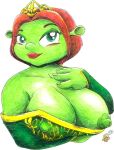  1girl 2010 2d big_breasts breast_slip breasts brothers_grinn color drawn dreamworks dress female_only giant_breasts green-skinned_female green_eyes green_skin huge_breasts nipple_slip nipples ogre princess princess_fiona princess_fiona_(ogre) red_hair shrek shrek_(series) tiara white_background 