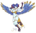  animal_legs bare_midriff big_breasts bird_girl blue_feathers blue_hair choker daemon daemon_girl demon_girl feathered_wings pelvic_curtain purple_hair shardanic twin_tails two_tone_hair tzeentch tzeentch_(cult) warhammer_(franchise) warhammer_40k warhammer_fantasy warhammer_online:_age_of_reckoning wings 