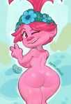 1girl 2024 20th_century_fox 20th_century_studios ass blush breasts dreamworks female_focus female_only greenpotato hips looking_back nude one_eye_closed pink_body pink_eyes pink_hair pink_skin poppy_(trolls) thick_thighs thighs tiara tied_hair trolls_(dreamworks) universal_studios v wide_hips