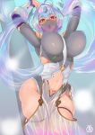  1girl adapted_costume ahoge aqua_hair armpits arms_up bangs bare_shoulders bare_thighs big_breasts blush bouncing_breasts breasts breasts_apart covered_nipples dancer dancing deity divinity female_only fire_emblem fire_emblem_heroes first_porn_of_character goddess gradient_clothes green_hair high_res hourglass_figure jewelry looking_at_viewer mouth_veil multicolored_hair navel nintendo open_mouth pants purple_hair revolverwing revolverwingstudios see-through seidr_(fire_emblem) shiny shiny_skin short_hair skindentation standing thick_thighs thigh_strap thighs unaligned_breasts veil wide_hips 