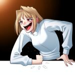  1girl ai_generated arcueid_brunestud blonde blonde_female blonde_hair female_only laugh laughing meme no_sex red_eyes short_hair sweater tsukihime wheeze 