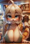  ai_generated animal_ears big_breasts black_hair blush blush cat_ears furry green_eyes looking_at_viewer orange_fur smile stripe_fur tail tiger tigress white_hair 