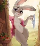  1girl anthro blep bodily_fluids bottomless breasts carrot clothed clothing disney female female_focus female_only food genital_fluids high_res holding_object judy_hopps lagomorph leaning leaning_on_wall leporid looking_at_viewer mammal navel nipples open_clothing open_shirt open_topwear outside panties partially_clothed plant pussy pussy_juice pussy_juice_string rabbit shirt shirt_only small_breasts solo_female thick_thighs thighs tongue tongue_out topwear topwear_only underwear vegetable waspsalad wide_hips zootopia 