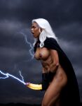  big_breasts black_clothing brown_areola brown_nipples cape futanari glowing_eyes lighting marvel masturbation masturbation semi_nude storm_(x-men) white_hair x-men 