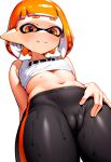  1girl ai_generated cameltoe female_focus inkling_girl navel nintendo orange_eyes orange_hair pointy_ears simple_background small_breasts splatoon sweat tentacle_hair white_background younger_female 