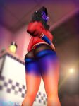  1girl asian asian_female before_inflation beijingbeef big_ass big_thighs black_hair black_shorts blowing_bubblegum blue_skin blueberry_inflation bubblegum gum inflation jacket light-skinned_female rae_li red_jacket shorts skin_turning_blue spandex_shorts thin_waist wide_hips 