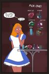  1girl alice_(disney) alice_in_wonderland alice_in_wonderland_(1951_film) alice_liddell breast_expansion cookies fairy_tales literature potion public_domain zetaskully 