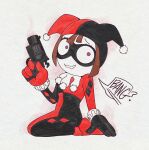  bodysuit gloves gun harlequin harlequin_hat harley_quinn_(cosplay) looking_at_viewer masked_female nervous_expression nervous_smile non-nude pomni short_hair the_amazing_digital_circus 