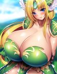  1girl big_breasts bikini_armor bimbo blonde_hair blue_eyes blurry_background blush breasts cleavage curvaceous curvy earrings elf elf_ears female_only gigantic_breasts grass hair_ornament huge_breasts hyper_breasts looking_at_viewer massive_breasts mikan_(5555) outside riesz seiken_densetsu seiken_densetsu_3 smile source_request trials_of_mana very_long_hair voluptuous yellow_hair 