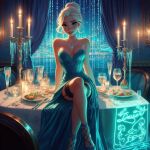 ai_generated big_breasts blonde blonde_female blonde_hair blue_eyes breasts crossed_legs dinner disney dress elsa_(frozen) frozen_(movie) long_dress looking_at_viewer necklace sitting_on_table smile smiley_face stockings