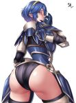  1girl absurd_res alternate_costume alternate_hairstyle arcedo armor ass bare_thighs big_ass black_panties blue_eyes blue_hair blush embarrassed fire_emblem fire_emblem_awakening fire_emblem_heroes high_res inner_thighs large_ass light-skinned_female light_skin lucina_(fate&#039;s_resolve)_(fire_emblem) lucina_(fire_emblem) nintendo official_alternate_costume panties short_hair thick_thighs thighs underwear white_background 