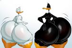  2boys anthro ass ass_expansion ass_focus black_skin butt_expansion butt_focus crossover daffy_duck dat_ass disney donald_duck duck dumptruck_ass feathers femboy gigantic_ass looney_tunes male_only schplingnops trait_connection white_skin 