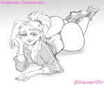  1girl 2024 ass bedroom_eyes big_ass biting_lip chickpea cleavage courtney_babcock digital_drawing_(artwork) eyeshadow fat_ass female_only gradient_background grey_background grey_theme huge_ass laying_down light-skinned_female looking_at_viewer lying_on_stomach massive_ass monochrome paranorman pawg ponytail sfw shoes simple_background smile thong 