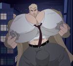  1boy abs belt big_bulge big_chest big_pecs blonde_hair breastmilk bulge cigarette cleavage dc_comics gigantic_chest gigantic_pecs huge_bulge huge_chest huge_pecs john_constantine justice_league justice_league_dark lactating lactation lactation_through_clothes lactation_without_expressing macro macrophilia male male_cleavage male_lactation male_only milk milk_stain muscular muscular_male pale-skinned_male sajoker solo_male stained_clothes stained_shirt thick_thighs tie 