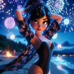  ai_generated beach big_lips black_hair breasts brown_eyes disney fireworks freckles hands_behind_head holding_hair long_hair looking_at_viewer night open_clothes open_shirt pixar ponytail ralph_breaks_the_internet red_lipstick swimsuit vanellope_von_schweetz wreck-it_ralph 