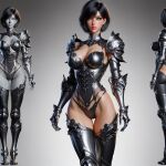  ai_generated armor armored_bikini armored_bodysuit armored_boots armored_bra armored_gloves big_lips bikini_armor black_hair breasts corset female_knight knight short_hair 