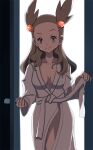 1girl alluring bathrobe breasts brown_eyes brown_hair cleavage dark_background door female female_only gym_leader hair_ornament human humans_of_pokemon jasmine_(pokemon) legs mikan_(pokemon) nintendo pokemon pokemon_gsc pokemon_hgss seductive simple_background smile solo thighs vivivoovoo